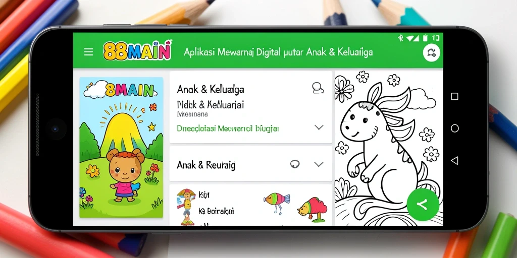 Tampilan antarmuka aplikasi Mewarnai Digital 88MAIN yang menarik dan interaktif.